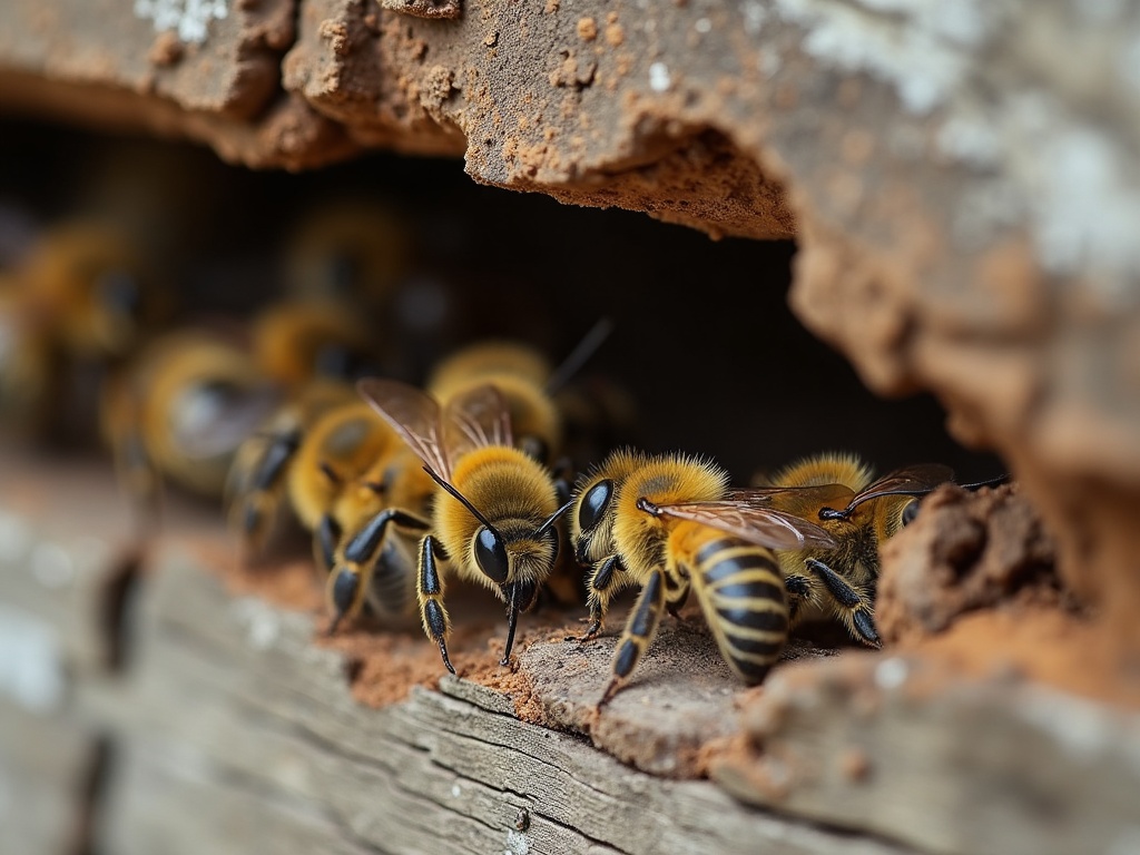 Close-up of honeybees entering and exiting a small gap at the base of roof shingles in warm afternoon light