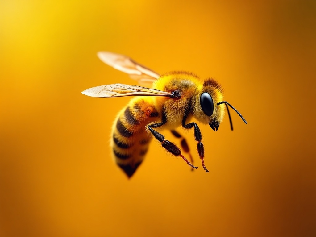 Single golden honeybee in mid-flight with wings extended, body dusted in pollen, warm amber background blur