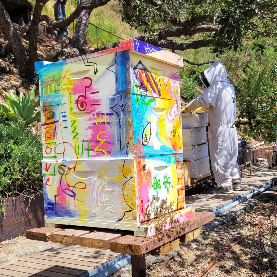 Large Beecasso painted bee box with bright neon graffiti lettering and figures at a partner sanctuary