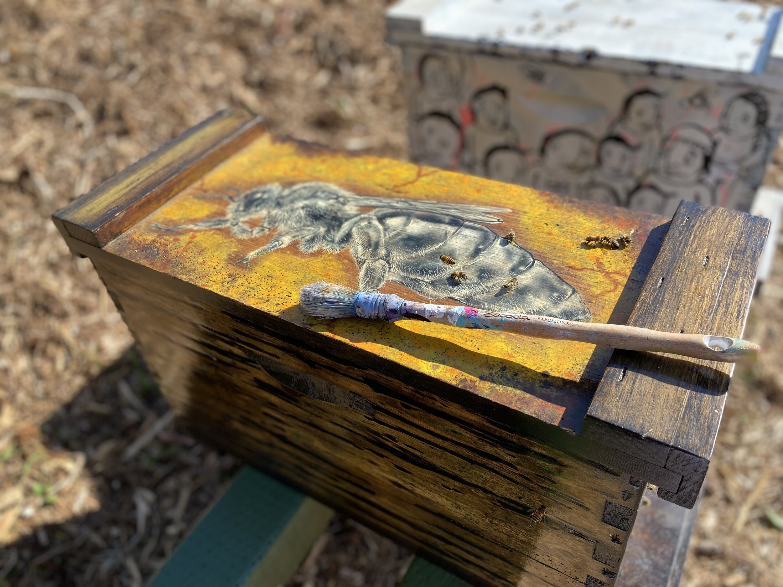 Lid of Beecasso painted bee box with detailed grayscale bee on yellow ground, paintbrush resting on surface