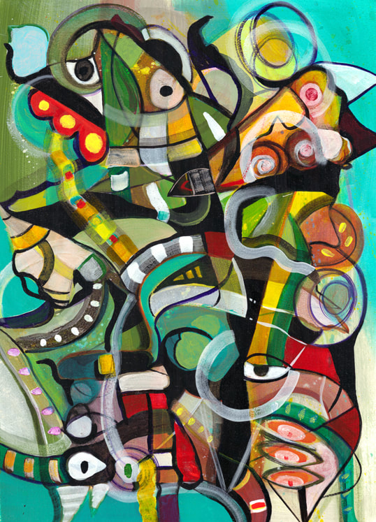 Steve Downs abstract painting with interlocking faces and eye forms in teal and earth tones