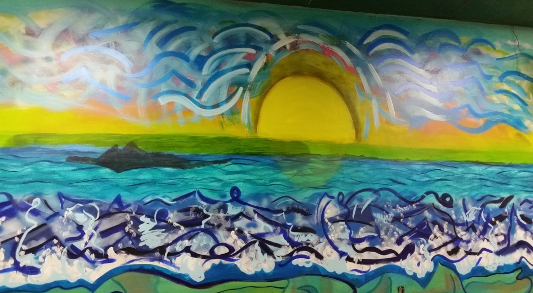 Colorful seascape mural on bar interior wall by Steve Downs