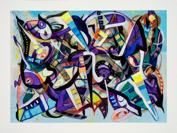 Steve Downs abstract painting, purple and blue fragmented forms on sky-blue ground