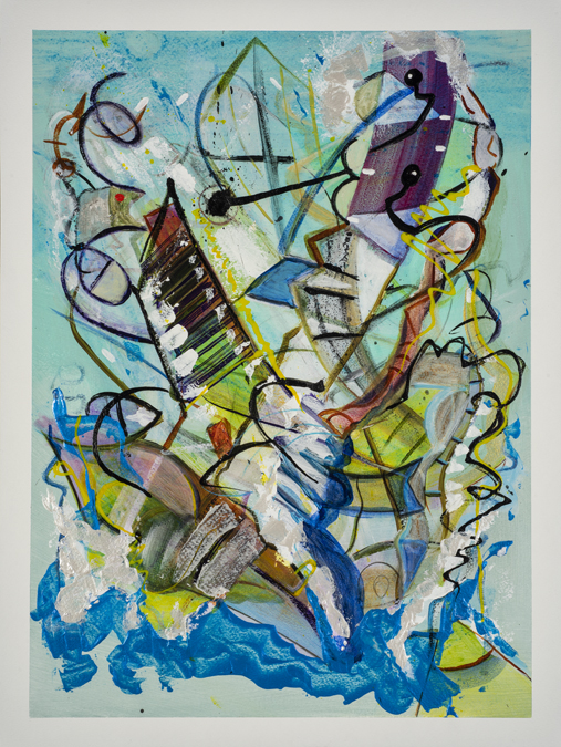 Steve Downs abstract painting, sailboat and wave forms in pale blue and yellow