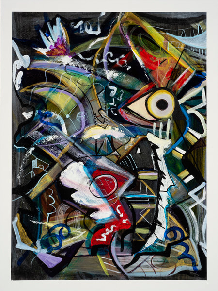 Steve Downs abstract painting, dark ground with fragmented bird and eye forms