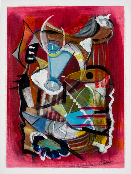 Steve Downs abstract painting, crimson red ground with interlocking figure forms, signed S. Downs