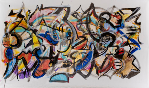 Steve Downs large horizontal abstract canvas, energetic black line forms on white