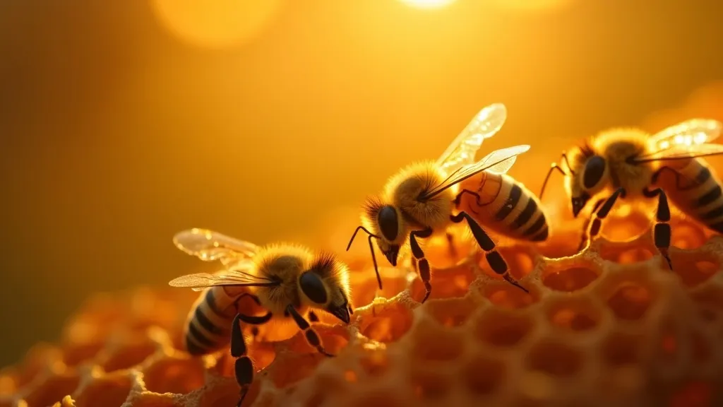 Honeybees on golden honeycomb in warm light